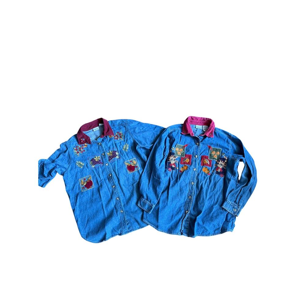 Lot of 2 Vintage Women's XL Bobbie Brooks Fall Embroidered Denim Shirt Shacket
